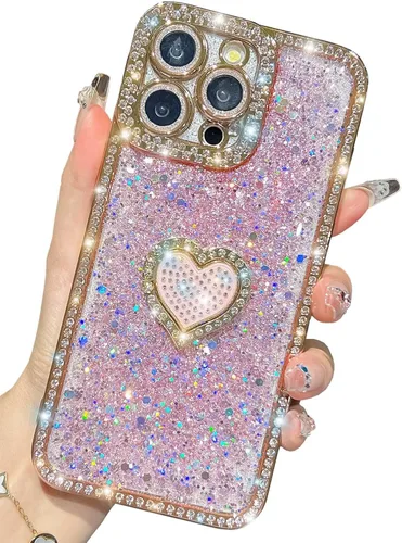 Vista 9 de Bling Glitter Heart compatible con iPhone 13 Pro de 6.1 pulgadas, bonito protector de cámara completo brillante para mujer, funda de teléfono Oro