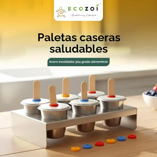 Vista 2 de Ecozoi Moldes y estante de acero inoxidable para paletas – 6 mini máquinas redondas de paletas de hielo + 30 palos de bambú reutilizables + 12