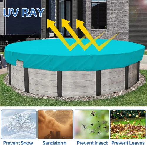 Vista 3 de ECOOPTS Cubierta redonda impermeable de poliéster para piscinas sobre el suelo, protector de cubierta de piscina de invierno (6 pies, turquesa)