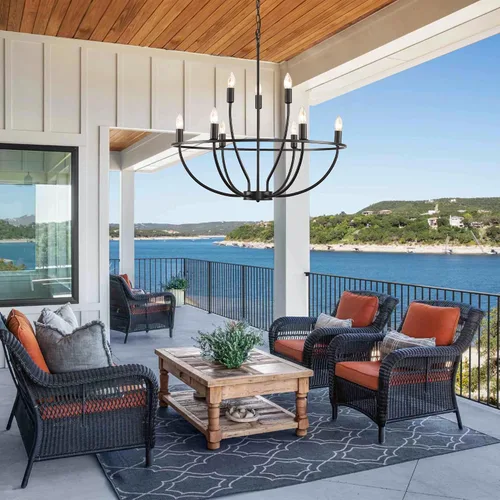 Vista 6 de Candelabros negros para comedor: 9 luces de casa de campo comedor, iluminación industrial rústica de isla de cocina, lámpara de araña redonda