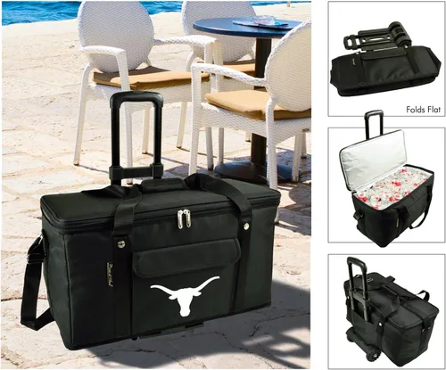 Vista 2 de Enfriador de viaje con ruedas de la Universidad de Texas en Austin, con licencia oficial, capacidad para 64 latas, enfriador plegable a prueba