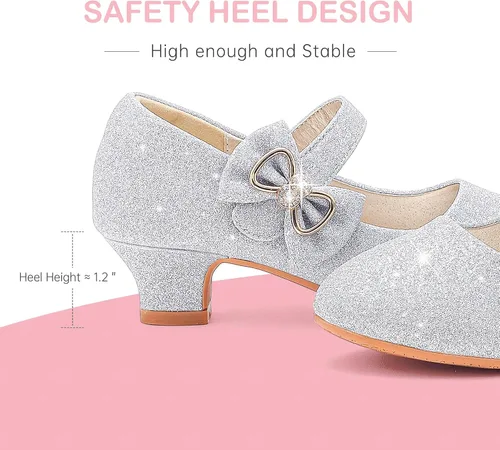 Vista 6 de Dufannie Zapatos de vestir para niñas, zapatos de tacón bajo de princesa, zapatos planos con purpurina para bodas y fiestas