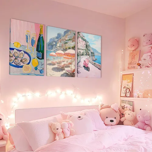 Vista 8 de HNNXAR Amalfi Coast - Lienzo decorativo para pared, pintura italiana de playa, pintura artística italiana, fruta, champán, juego de 3, decoración