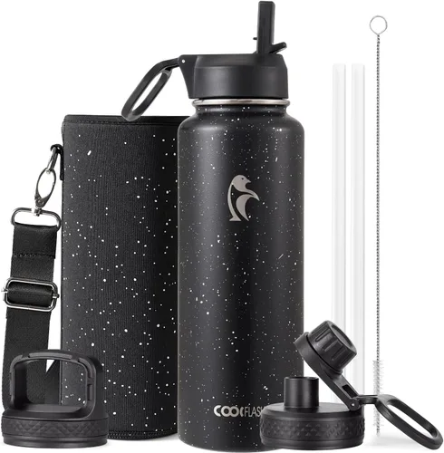 Vista 39 de Coolflask Botella de agua de 20 onzas aislada con pajilla, 3 tapas de metal de acero inoxidable, botella de agua de boca ancha para deportes u