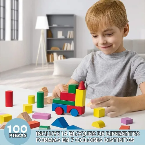 Vista 2 de Right Track Toys Bloques de madera – Juego de bloques de construcción de madera de 100 piezas con bolsa de transporte (color arco iris) – 100%