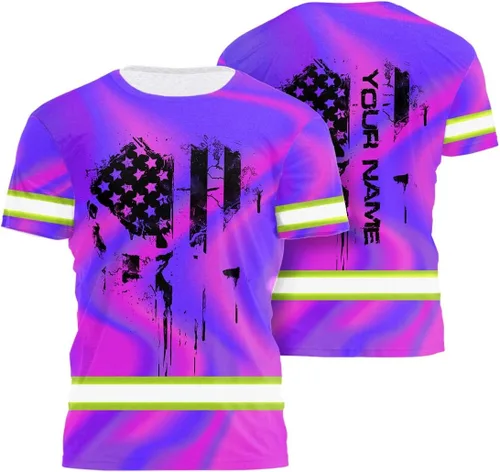 Vista 19 de Camisa de alta visibilidad de calavera con bandera de Estados Unidos para hombres, camisas de seguridad con nombre personalizado, ropa de trabajo