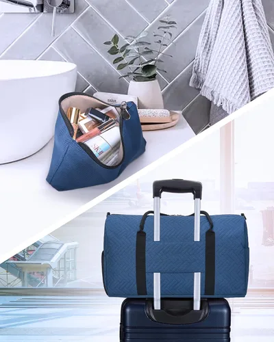 Vista 3 de BAGSMART - Bolsa de viaje grande de 40 litros, bolsa de mano para hombres y mujeres, con compartimento para zapatos, color negro, Azul Marino-50L