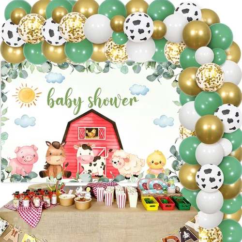 Vista 7 de Decoraciones de baby shower de animales de granja azules – Kit de arco de guirnalda de globos de animales de granja con fondo de bienvenida
