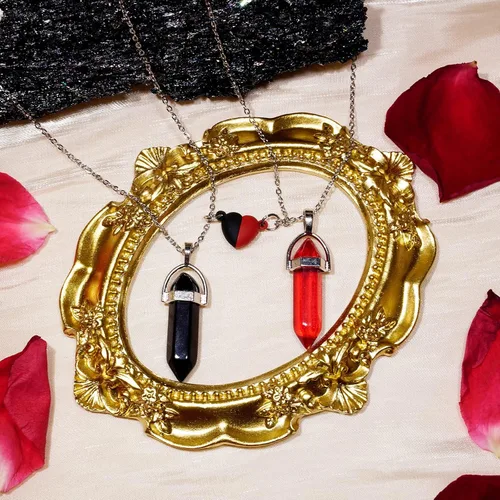 Vista 2 de POZANKI 2 collares con dije de cristal curativo de cuarzo negro y rojo, collar de corazón a juego para parejas, mejor amigo, novio, novia, regalo