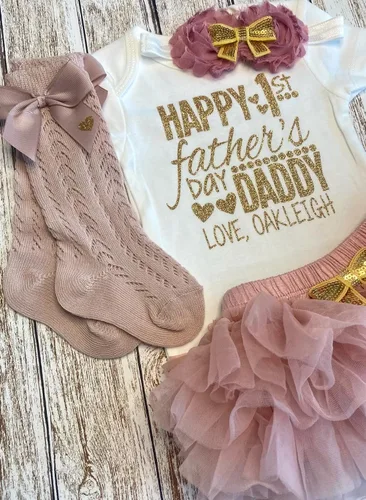 Vista 7 de Regalo personalizado para el Día del Padre, traje de bebé niña con nombre personalizado rosa y dorado opcional tutú Bloomers diadema y calentadores