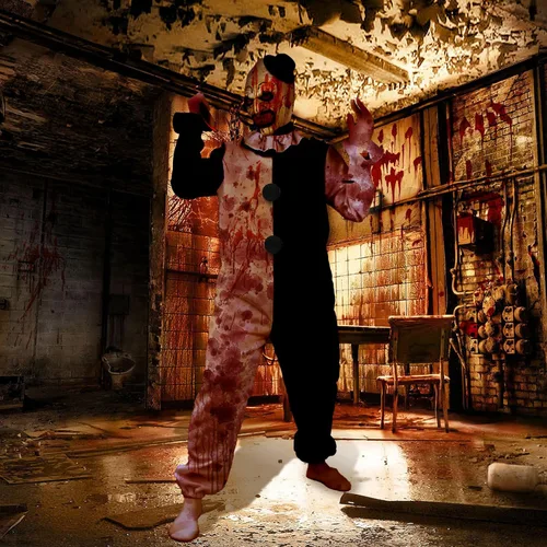 Vista 6 de Disfraz de payaso artístico para cosplay, disfraz de terror de Halloween, payaso asesino, traje de terror con overol de máscara de látex, cuchillo