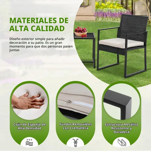 Vista 6 de PayLessHere Juego de muebles de patio al aire libre de 3 piezas Caqui Moderno juego de bistró de ratán con sillas acolchadas y mesa de centro