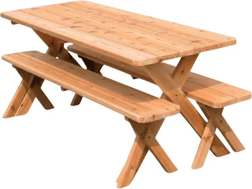 Vista 7 de 4’ Red Cedar Crossleg Table with 2 Benches, Cedar Stain