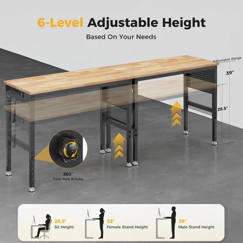 Vista 4 de CAMMOO Banco de trabajo ajustable de 96" de carga pesada, capacidad de carga de 2000 LBS, mesa de trabajo de madera de goma con tablero perforado