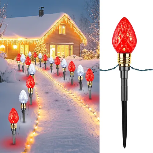 Vista 6 de Brightown Paquete de 2 Luces de Sendero Navideñas C9 de Fresa para Exteriores - Total 34.8 Pies 20 Luces LED de Sendero Navideño, Luces de Navidad