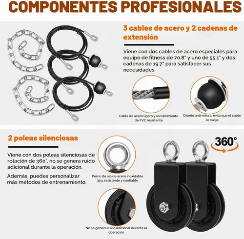 Vista 6 de Sistema de polea de cable de peso SERTT para gimnasio, accesorios actualizados de polea de cable para tracción LAT, flexión de bíceps, tríceps Negro