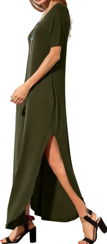 Vista 5 de GRECERELLE - Vestido largo para mujer, holgado, con bolsillos, manga corta y abertura lateral, estilo informal Verde militar
