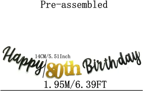 Vista 2 de Cartel de papel con purpurina de doble tamaño, color negro, con texto en inglés «Happy 80th Birthday», «No DIY Gold Glitter» para fiesta
