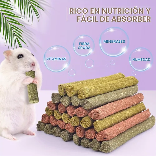 Vista 2 de Bissap 36 palitos masticables de conejo, mezcla natural de Timothy, heno, avena, zanahoria, conejito, juguetes masticables y golosinas para conejos