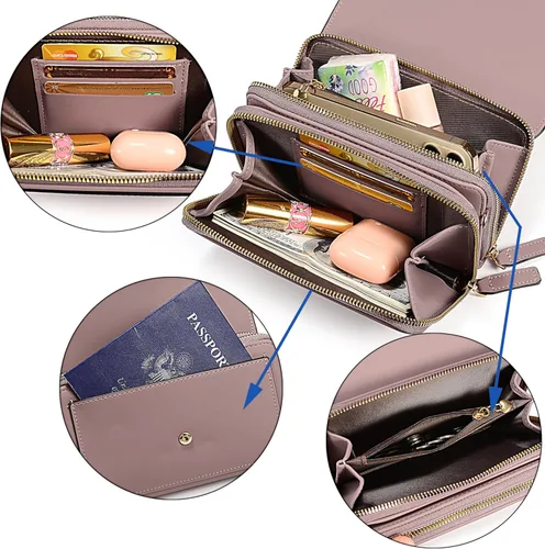 Vista 3 de UTO Bolso bandolera pequeño para mujer, bolsa para teléfono celular, tarjetero con cartera con cartera de muñeca y bolsos