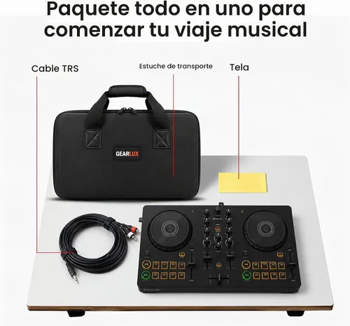 Vista 2 de Pioneer DJ AlphaTheta DDJ-FLX2 Paquete de controlador DJ compacto de 2 canales con estuche, cable para instrumentos y paño de pulido Austin Bazaar