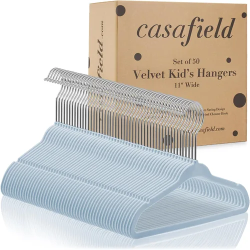 Vista 4 de Casafield 50 perchas de terciopelo para bebé, tamaño de 11 pulgadas para ropa de bebés y niños pequeños, color azul claro