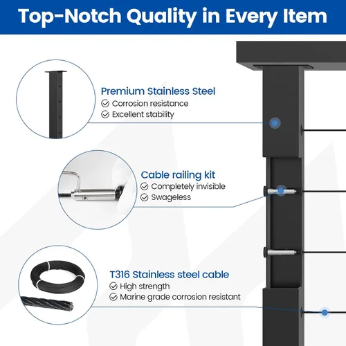 Vista 5 de Muzata Kit de barandilla de cable modular negro de 4 a 8 pies, kit de poste de 2 niveles de 36 pulgadas, sistema completo de barandilla de cable