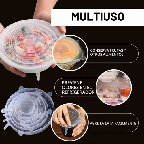 Vista 7 de Paquete de 4 tapas elásticas de silicona reutilizables de 4.5 pulgadas, fundas de silicona para almacenamiento de alimentos, tapas elásticas