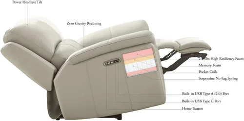 Vista 4 de Hydeline Cara Power - Reposacabezas de cuero de grano superior con soporte para tazas, espuma viscoelástica, bobinas de bolsillo y panel de control