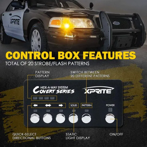 Vista 4 de Xprite Kit de luces estroboscópicas LED ámbar ocultas, 20 patrones intermitentes con panel de control, faros, luces traseras, luces antiniebla