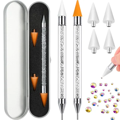 Vista 14 de 2 piezas de lápiz de cera con punta de diamante de imitación y pluma de punteado, selector de gemas de diamante de imitación de doble punta, lápiz
