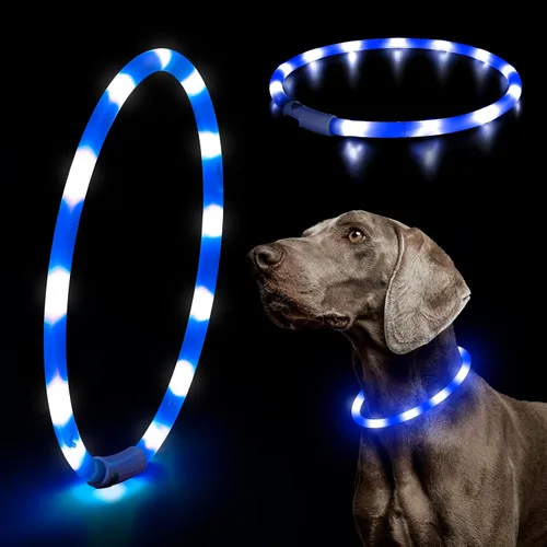 Vista 9 de HIGO Collar de perro con luz LED, recargable por USB, que brilla en la oscuridad, collar de seguridad para mascotas cortable de TPU para pasear Azul