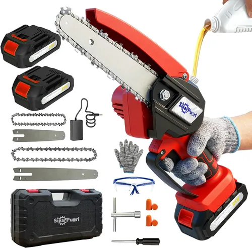 Vista 8 de Mini motosierra inalámbrica, 4 y 6 pulgadas motosierra eléctrica Funciona con pilas, de mano, 2 baterías y cargador, corte de madera para cortar