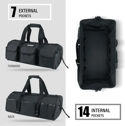 Vista 5 de HAUTMEC HT0184 - Bolsa de herramientas resistente de 24 pulgadas, bolsa de boca ancha de 21 bolsillos con marco de metal, base dura impermeable