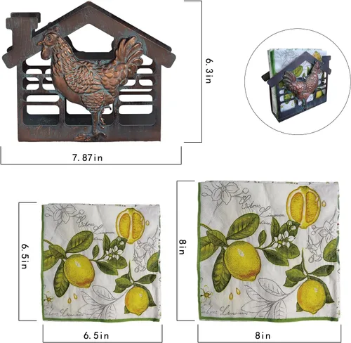 Vista 5 de Servilletero de metal para mesa, servilleteros grandes de granja para servilletas de papel, rústico, servilletas de cobre antiguo, dispensador