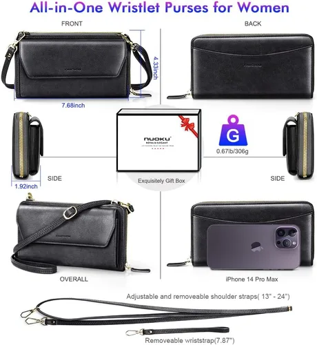 Vista 4 de nuoku Cartera RFID para mujer, bolso cruzado con cremallera alrededor de 2 correas