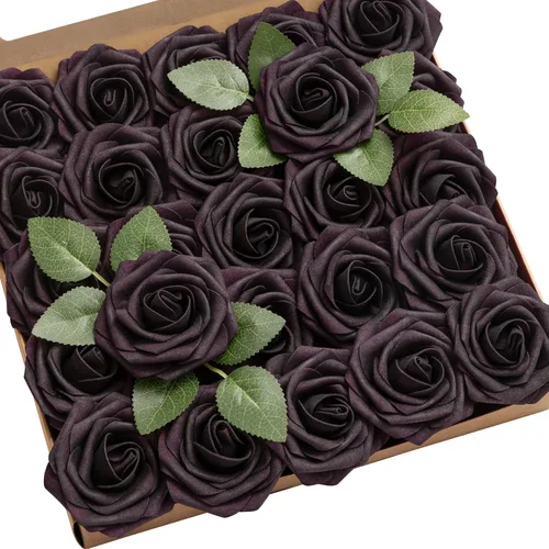 Vista 14 de Ling's Moment - Rosas artificiales de espuma, color negro, de aspecto realista con tallo, para bricolaje, decoración de Halloween, ramos de boda