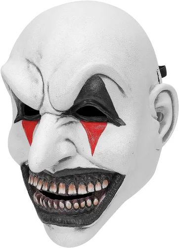 Vista 2 de Máscara de payaso asesino asesino de Halloween con sombrero negro, espeluznante látex cosplay accesorios para adultos