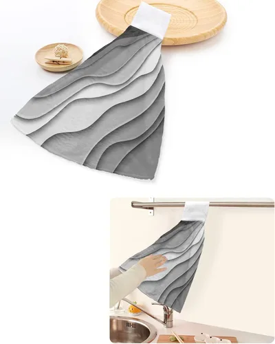 Vista 6 de Toallas de cocina con lazo para colgar, toallas de mano abstractas onduladas de color gris degradado, suaves, absorbentes, para baño, bar, hogar