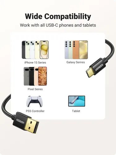 Vista 6 de UGREEN Paquete de 2 cables USB C de 3A de carga rápida, USB A a tipo C, cable trenzado USB C compatible con iPhone 16/16 Plus/16 Pro/15, Samsung
