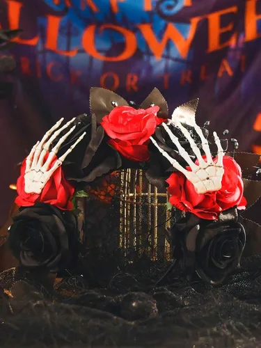 Vista 2 de Woeoe Diadema de Halloween FLower para el Día de los Muertos, diseño floral, araña, murciélago, fiesta, tocado para mujeres y niñas