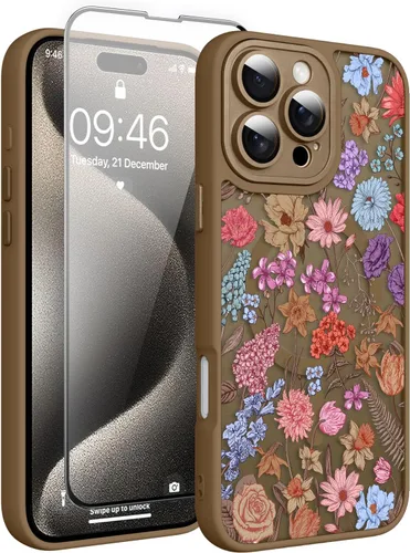 Vista 60 de Magnético para iPhone 13 con protector de pantalla [Compatible con MagSafe] Diseño de patrón floral de flores bonitas, funda delgada a prueba
