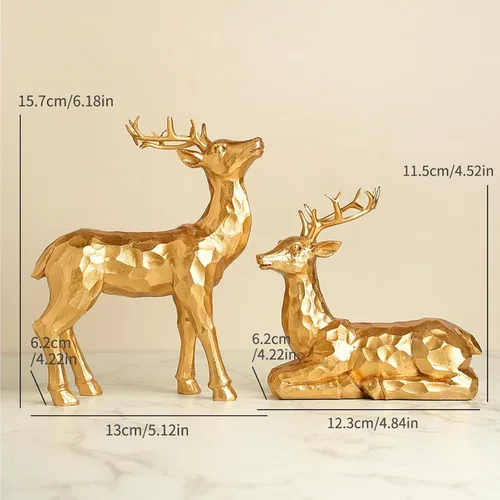 Vista 5 de Adornos de ciervo simulados para decoración navideña, 2 piezas de adornos de ciervo geométricos facetados de resina, decoración para el hogar, Dorado