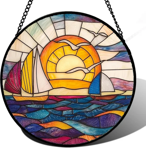 Vista 16 de DASTOLL Conjunto de 4 Piezas de Vidriera Manchada para Colgar en Ventanas, Tema de Flores Púrpuras, 16 cm - Atrapasoles de Tulipán para Puerta Juego