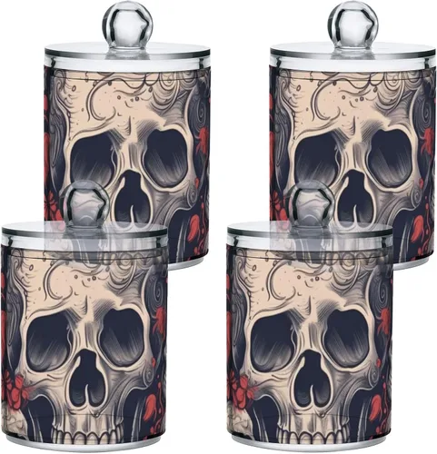 Vista 2 de Vnurnrn Qtip - Dispensador de bolas de algodón con tapa, estampado de corazones y calaveras, tarros de plástico, recipientes de baño, organizador