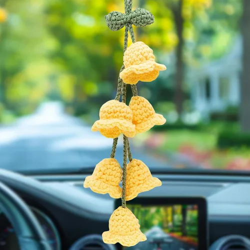 Vista 28 de Accesorios para colgar espejos de automóvil, colgante de flor de lirio tejido hecho a mano, bonita decoración colgante de ganchillo para espejo