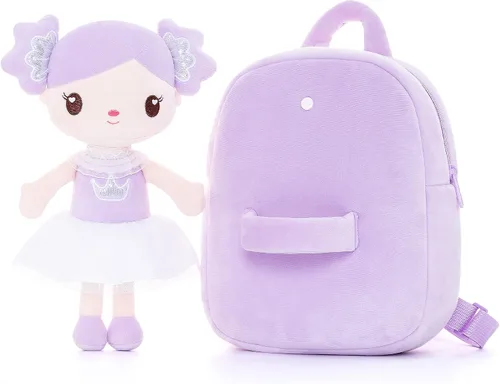Vista 6 de Gloveleya Mochila para niños pequeños con muñeca púrpura caramelo de 9 pulgadas