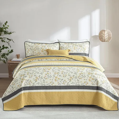Vista 7 de DDUOXIN Edredón 100 % algodón, tamaño King, moderno edredón botánico a rayas con 2 fundas de almohada, colcha reversible, ligero, delgado, juego