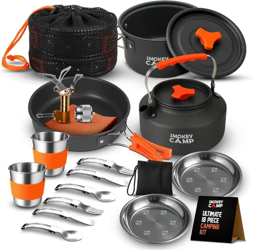 Vista 13 de Smokey Camp Camping Cookware Mess Kit Set with Stove - Backpacking Camping Pots and Pans Set, All in One Non-Stick Camping Cooking Set, Portable