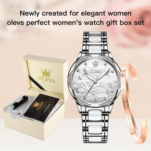 Vista 8 de OLEVS Relojes automáticos para mujer, mecánico, esfera de corazón, esfera de corazón, oro rosa, banda de cerámica, impermeable, luminoso, fecha